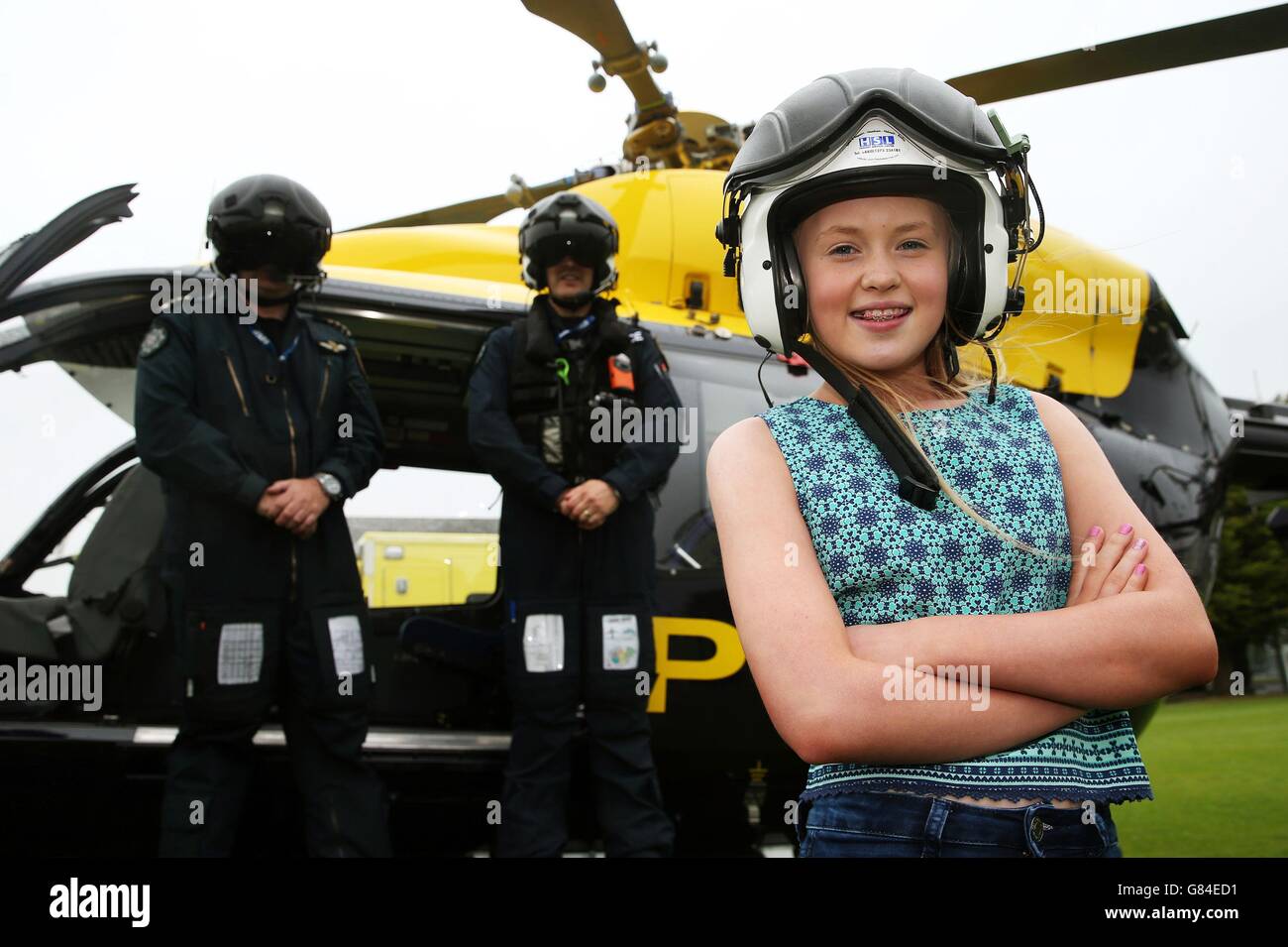 Alanna Casement, 12, from Annacloy, Co Down, after meeting the paramedics and police officers who helped save her life after she ruptured a leg artery in a freak bicycle accident at Castlewellan forest park last July. Stock Photo