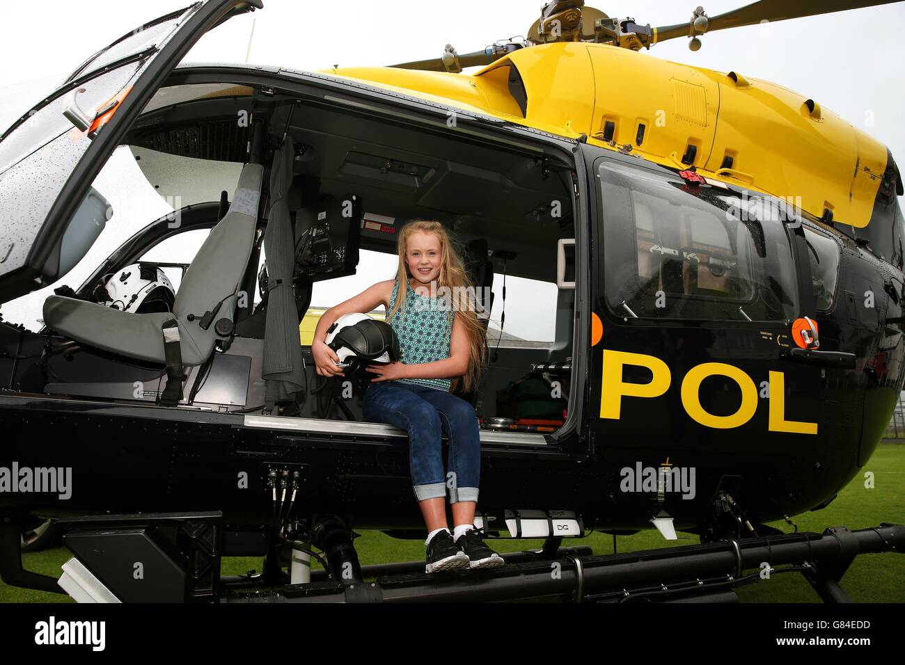 Alanna Casement, 12, from Annacloy, Co Down, after meeting the paramedics and police officers who helped save her life after she ruptured a leg artery in a freak bicycle accident at Castlewellan forest park last July. Stock Photo