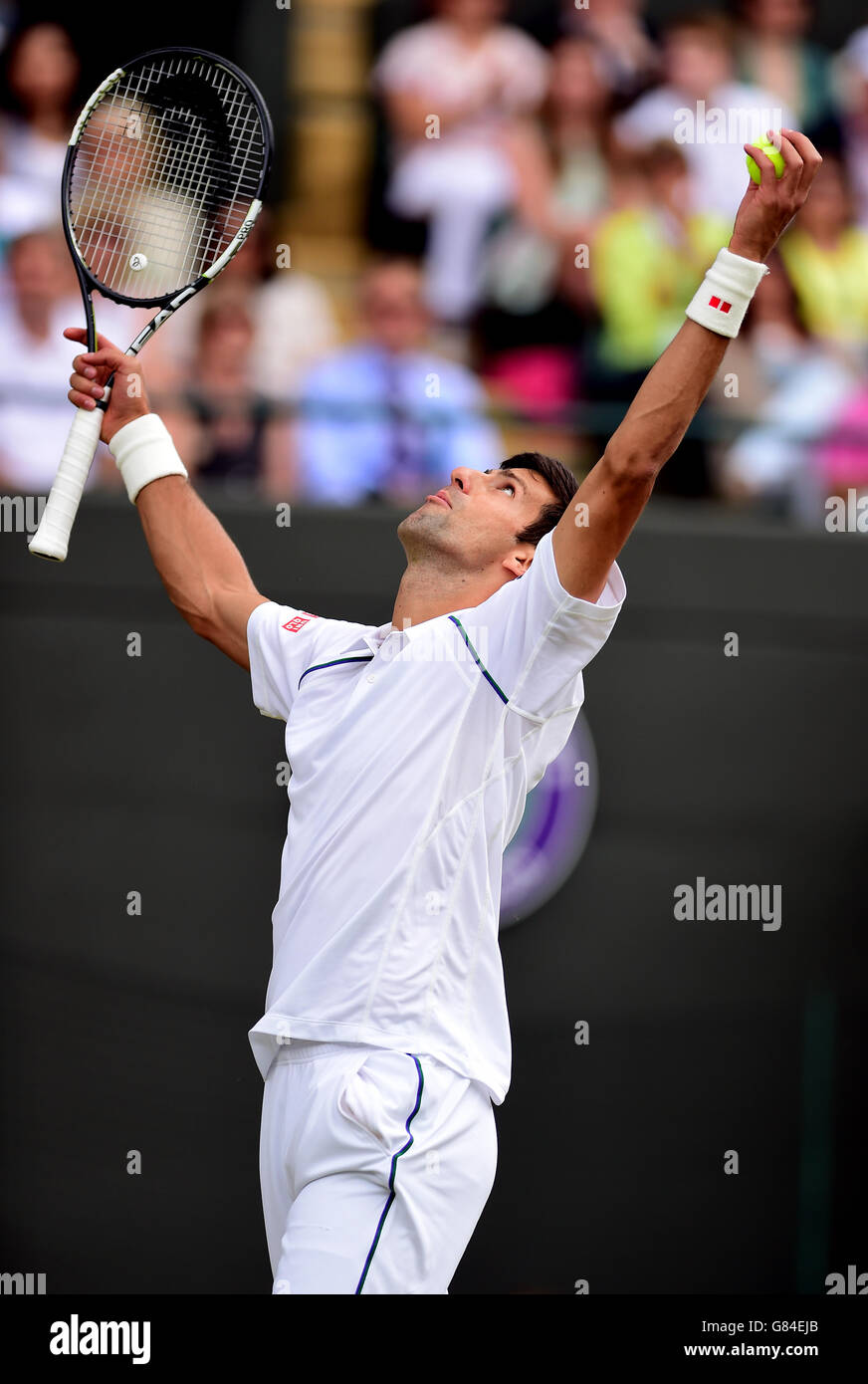 Novak Djokovic show his frustration against Kevin Anderson during day Eight of the Wimbledon Championships at the All England Lawn Tennis and Croquet Club, Wimbledon. Stock Photo