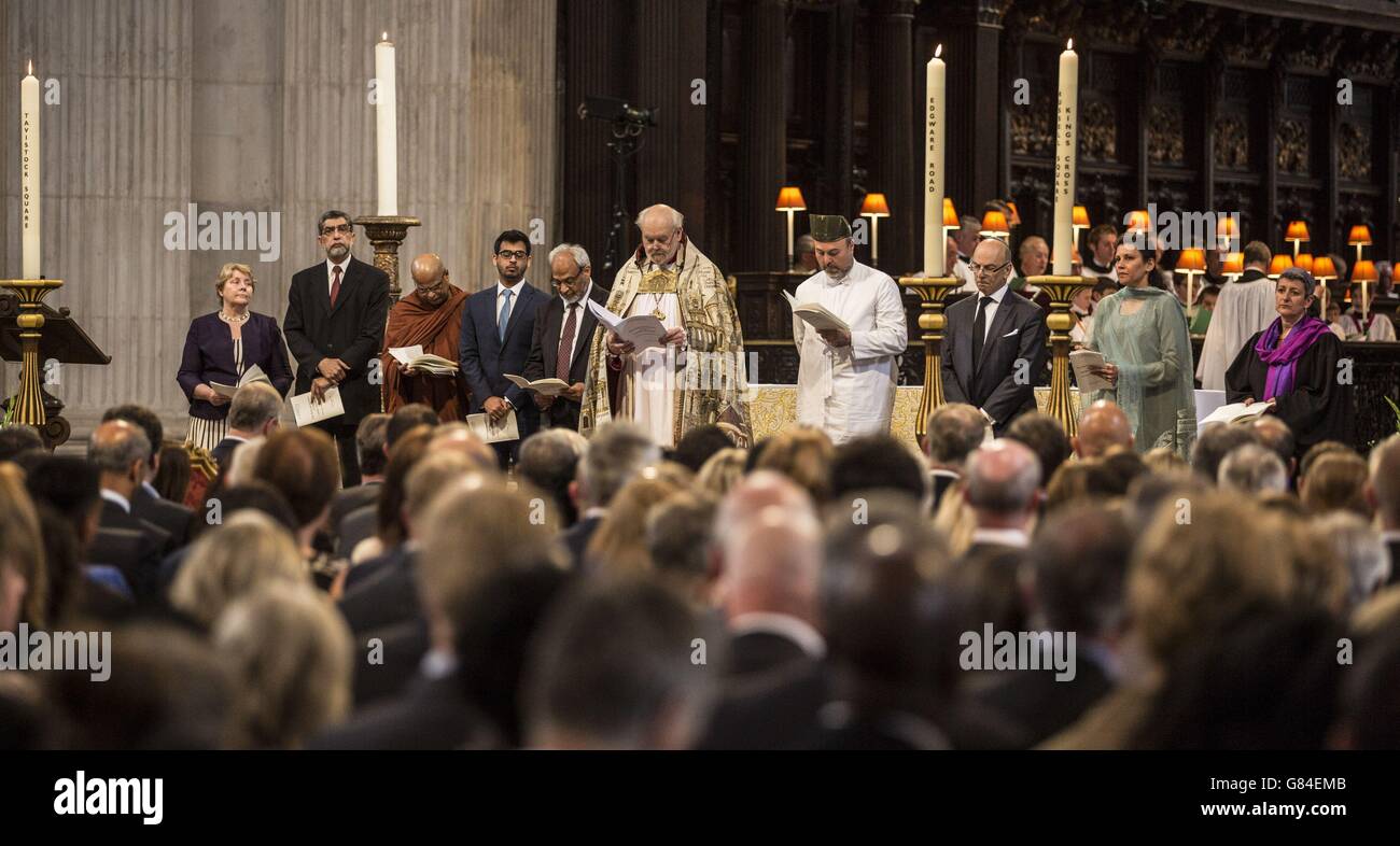 The Bishop of London Richard Chartres (fifth right) stands with representatives of other religions, during a memorial service at St Paul's Cathedral, London, for the victims of the July 7 bombings exactly 10 years after London's transport network came under attack, as Britain remembers the 7/7 attacks amid a welter of warnings about the enduring and changing threat from terrorism a decade on. Stock Photo