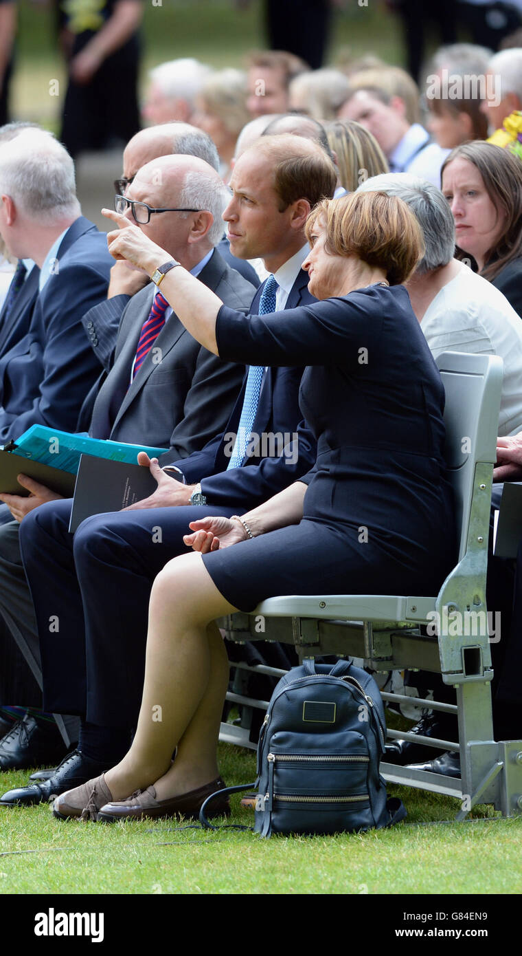 (From the left) Gerald Oppenheim, the Duke of Cambridge and Labour MP Tessa Jowell before laying a wreath at the July 7 memorial in Hyde Park, London, as Britain remembers the July 7 attacks amid a welter of warnings about the enduring and changing threat from terrorism a decade on. Stock Photo