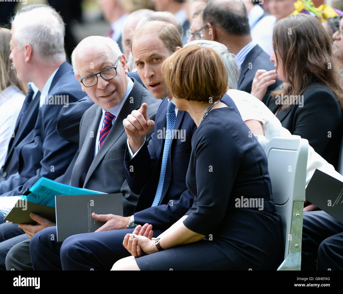 (From the left) Gerald Oppenheim, the Duke of Cambridge and Labour MP Tessa Jowell before laying a wreath at the July 7 memorial in Hyde Park, London, as Britain remembers the July 7 attacks amid a welter of warnings about the enduring and changing threat from terrorism a decade on. Stock Photo