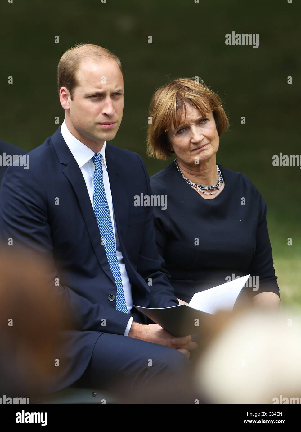 The Duke of Cambridge and Labour MP Tessa Jowell before laying a wreath at the July 7 memorial in Hyde Park, London, as Britain remembers the July 7 attacks amid a welter of warnings about the enduring and changing threat from terrorism a decade on. Stock Photo