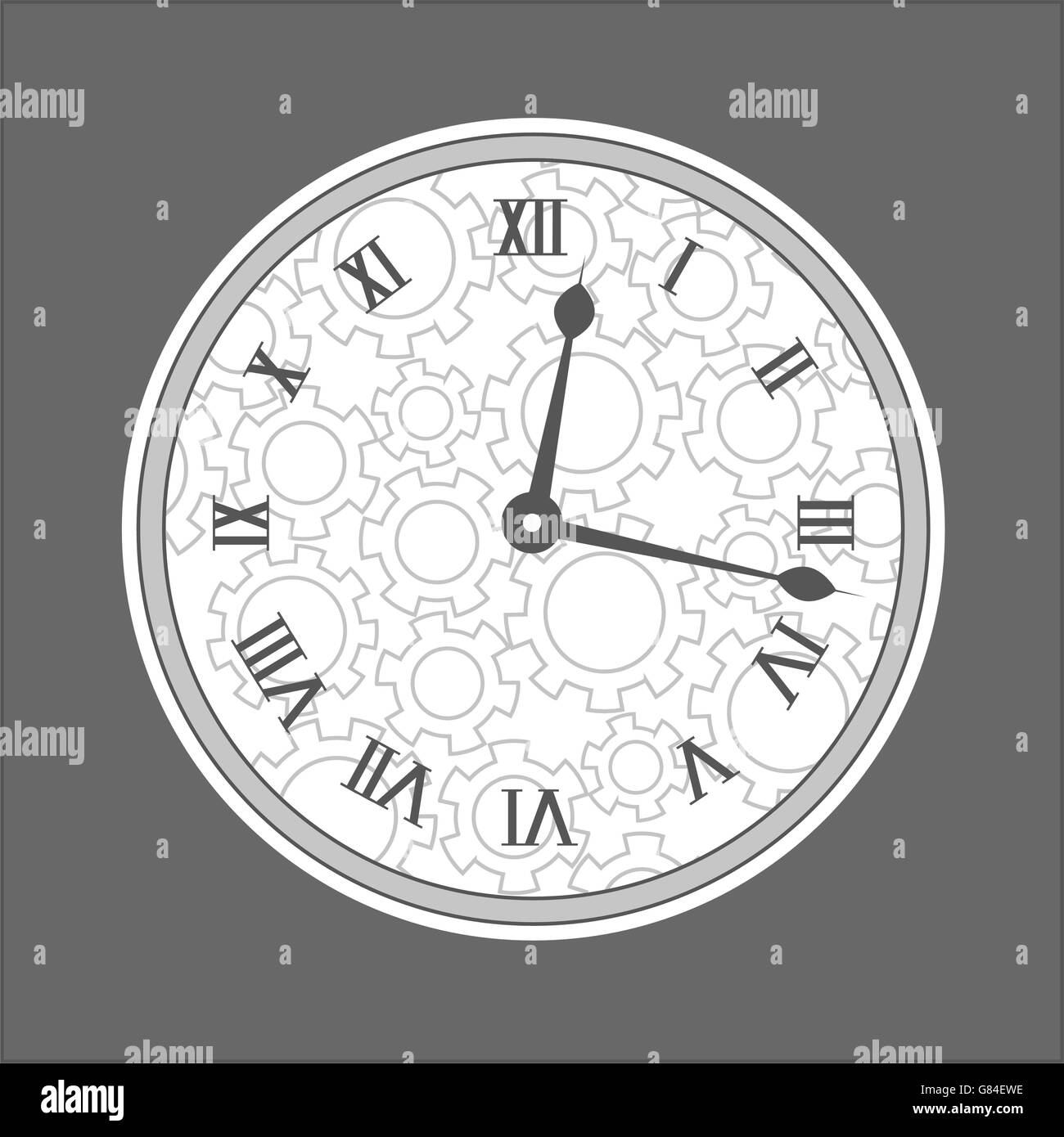Vector. Graphic tower style clock with roman numbers. Time. Isolated