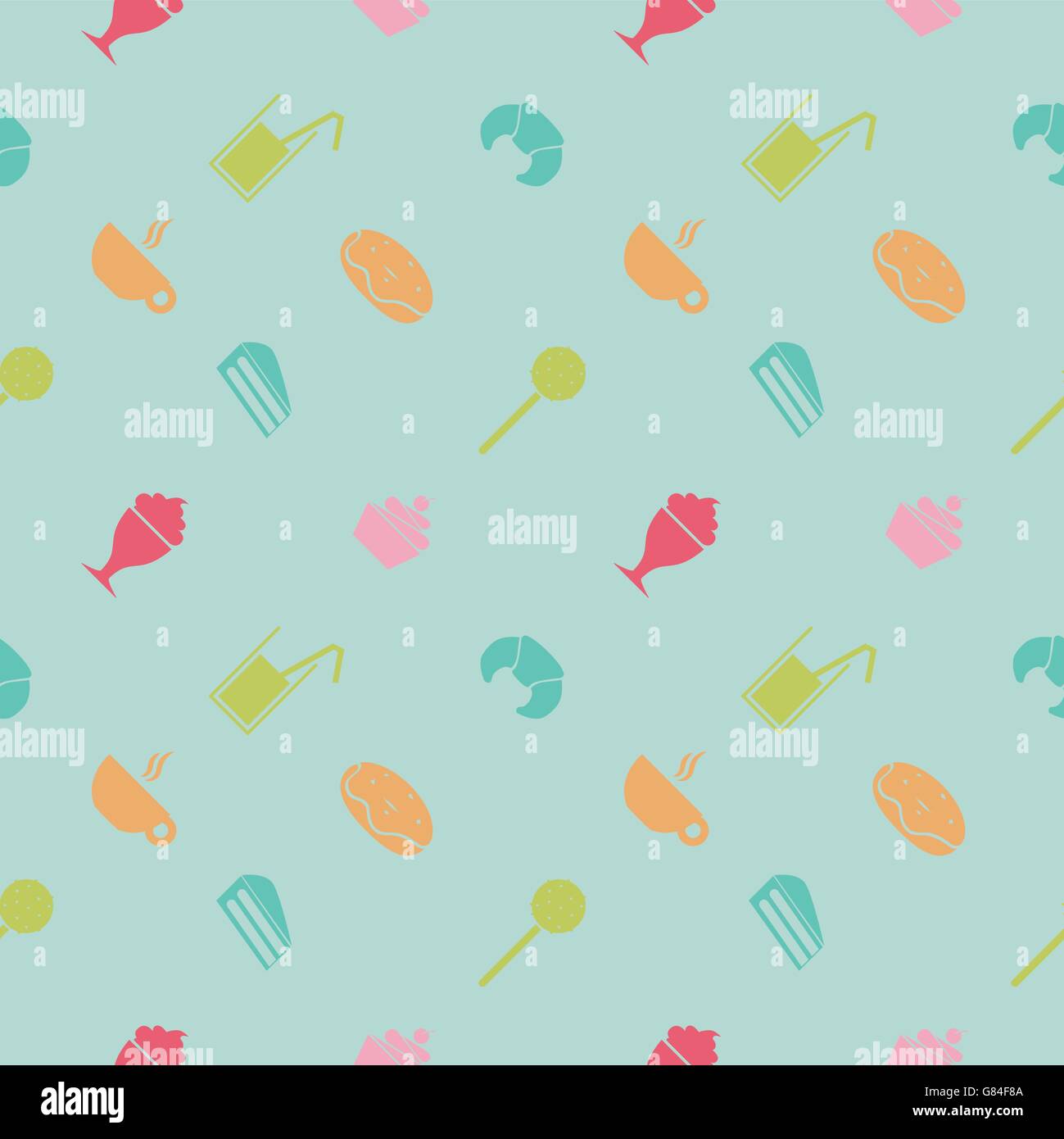 Sweet seamless pattern. Party food and deserts: ice cream, juice ...