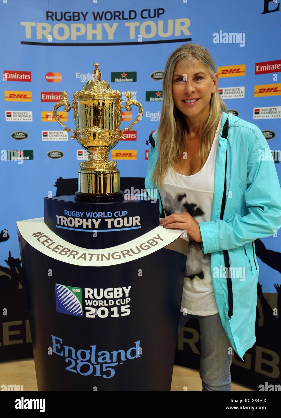 Former Olympic Swimmer Sharron Davies poses with the Webb Ellis Cup at the University of Bath on day 33 of the 100 day Rugby World Cup Trophy Tour of the UK &amp; Ireland. Stock Photo