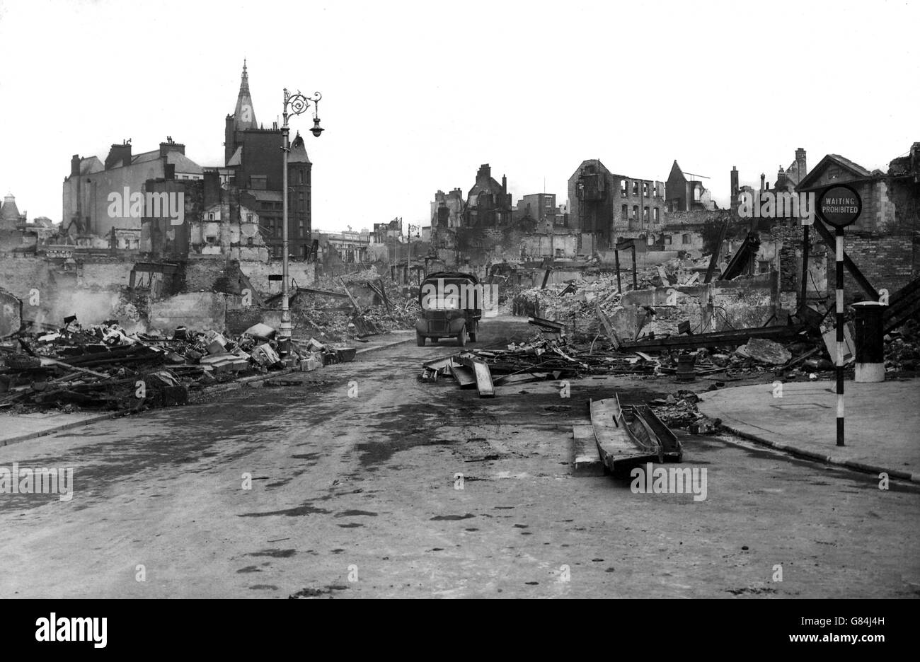 A view of bomb damage in Plymouth following a raid in the Blitz. Stock Photo