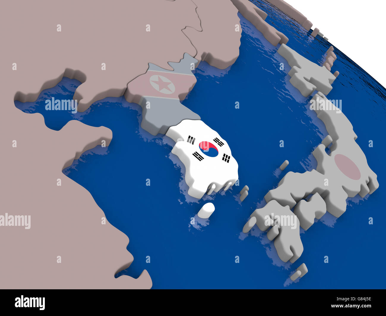 South Korea with flag highlighted on model of globe. 3D illustration ...