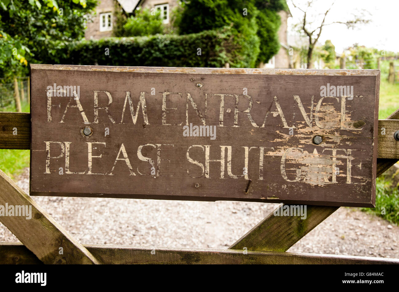sign on a gate from lyme  park to the farm Stock Photo