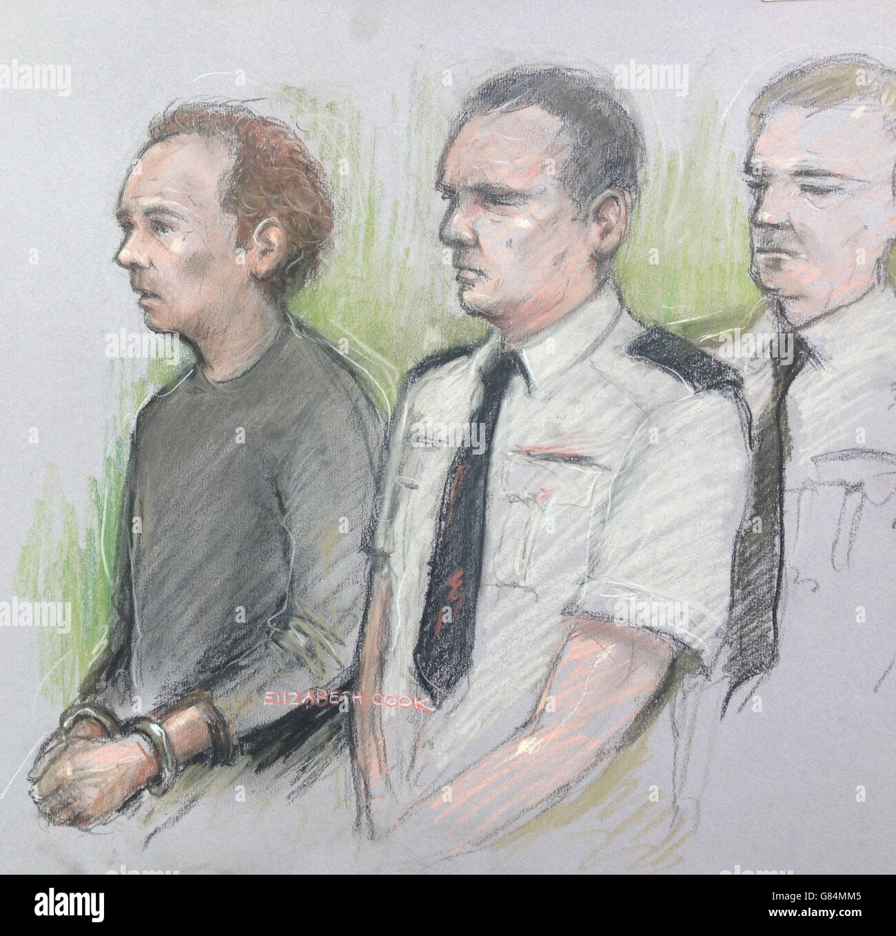 Court artist sketch by Elizabeth Cook of Matthew Daley (left) at Crawley Magistrates Court where he was charged with murdering a great-grandfather Donald Lock in a road rage stabbing after a car crash. Stock Photo