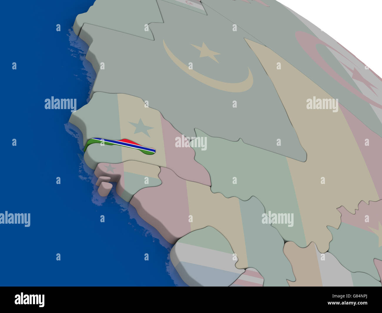 Gambia with flag highlighted on model of globe. 3D illustration Stock ...