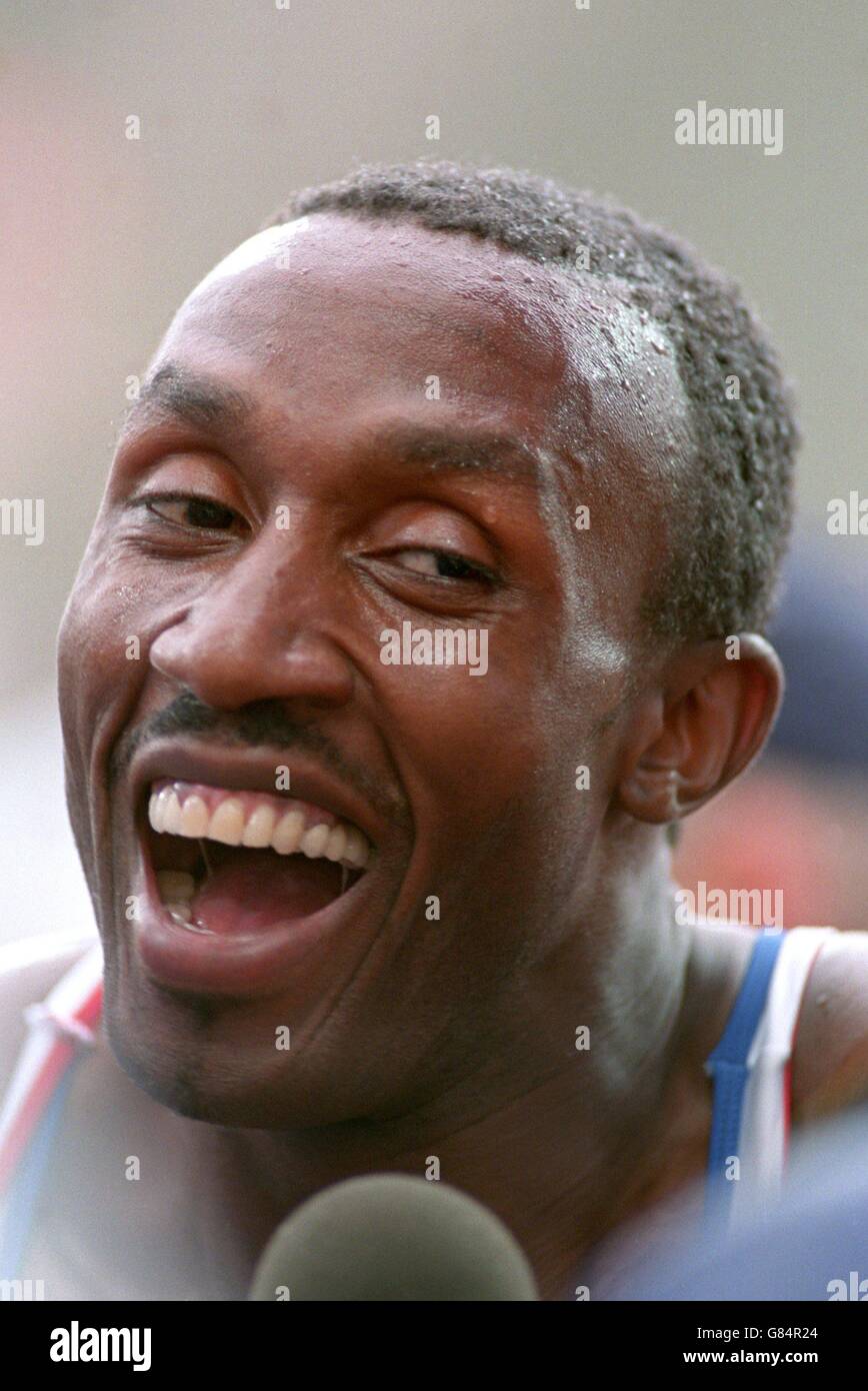 Britain's Linford Christie after his dead-heat with Georgios Panayiotopoulos of Greece for first place in the 200 metres Stock Photo
