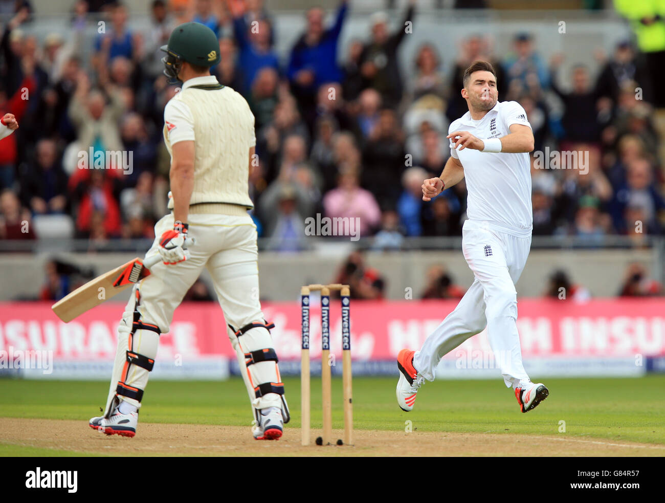 England's James Anderson celebrates the wicket of Australia's Mitchell Marsh during day one of the Third Investec Ashes Test at Edgbaston, Birmingham. Stock Photo