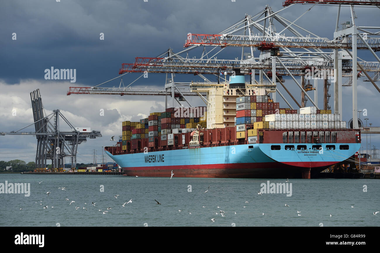 Containers are craned off a Maersk Line container ship docked at the DP World Southampton Container Terminal Stock Photo