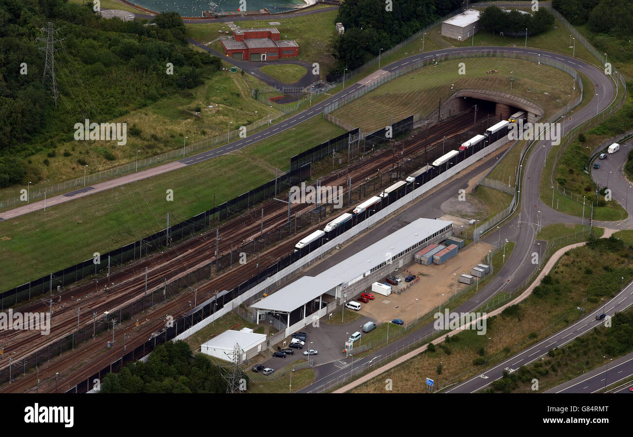 The Eurotunnel site in Folkestone, Kent, following a migrant death in the latest incursion on the Channel Tunnel in Calais. Stock Photo