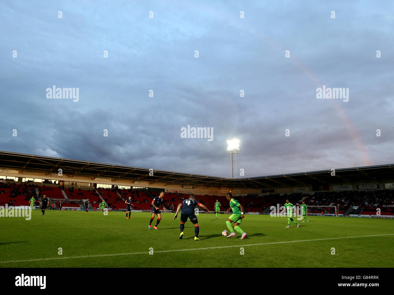 Soccer - Pre-Season Friendly - Doncaster Rovers v Sunderland - Keepmoat Stadium. A rainbow forms during the Pre-Season Friendly match at the Keepmoat Stadium, Doncaster. Stock Photo