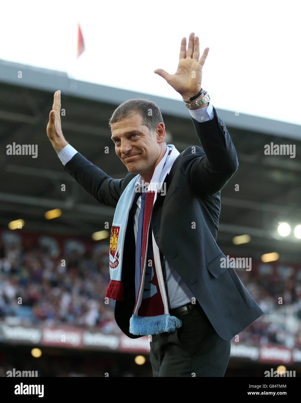 New West Ham United manger Slaven Bilic walks out to meet the fans before the UEFA Europa League first round qualifying match at Upton Park, London. Stock Photo
