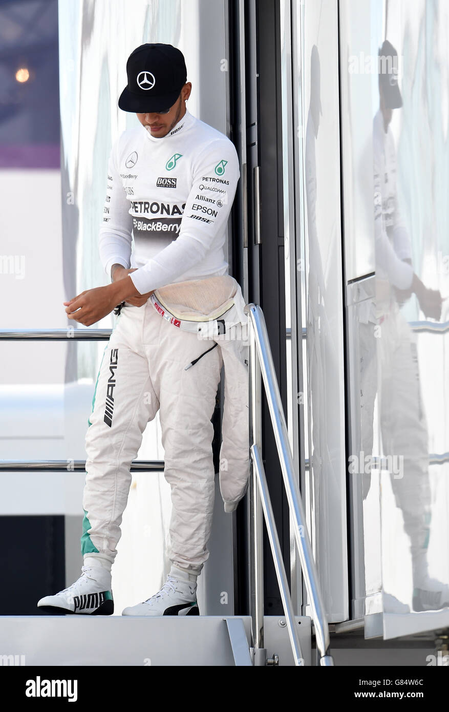 Motor Racing - Formula One World Championship - 2015 British Grand Prix - Practice Day - Silverstone Circuit. Mercedes' Lewis Hamilton exits the Mercedes' motor home during practice day of the 2015 British Grand Prix at Silverstone Circuit, Towcester. Stock Photo