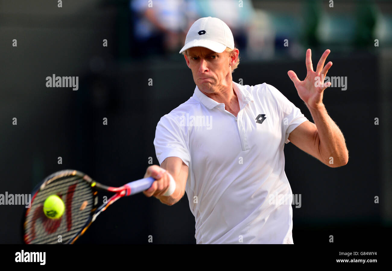 Kevin Anderson in action against Novak Djokovic during day Seven of the Wimbledon Championships at the All England Lawn Tennis and Croquet Club, Wimbledon. Stock Photo
