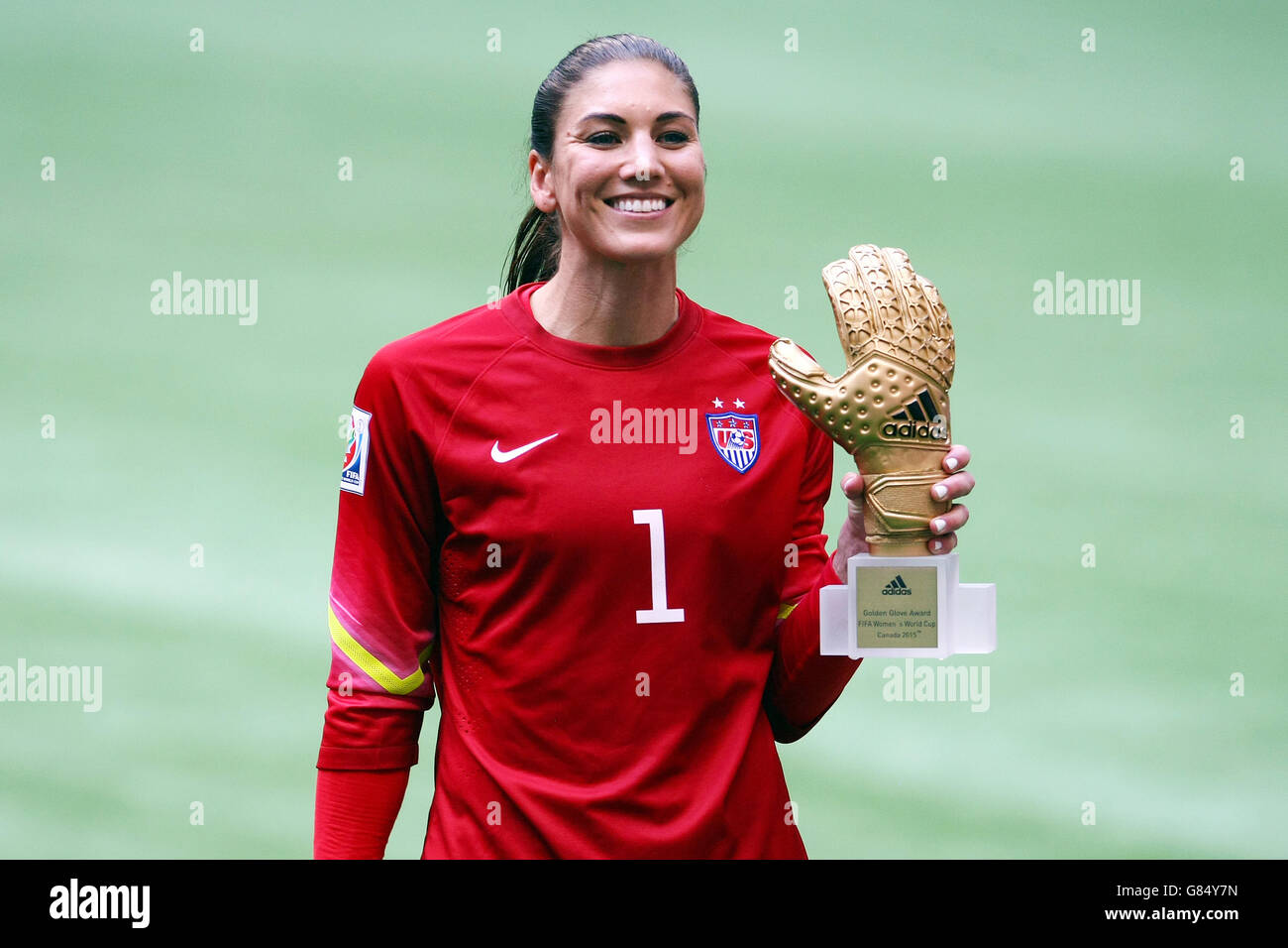 United States' Hope Solo is presented with the Adidas Golden Glove following the FIFA Women's World Cup Canada 2015 Final match between USA and Japan at BC Place Stadium in Vancouver, Canada. Stock Photo