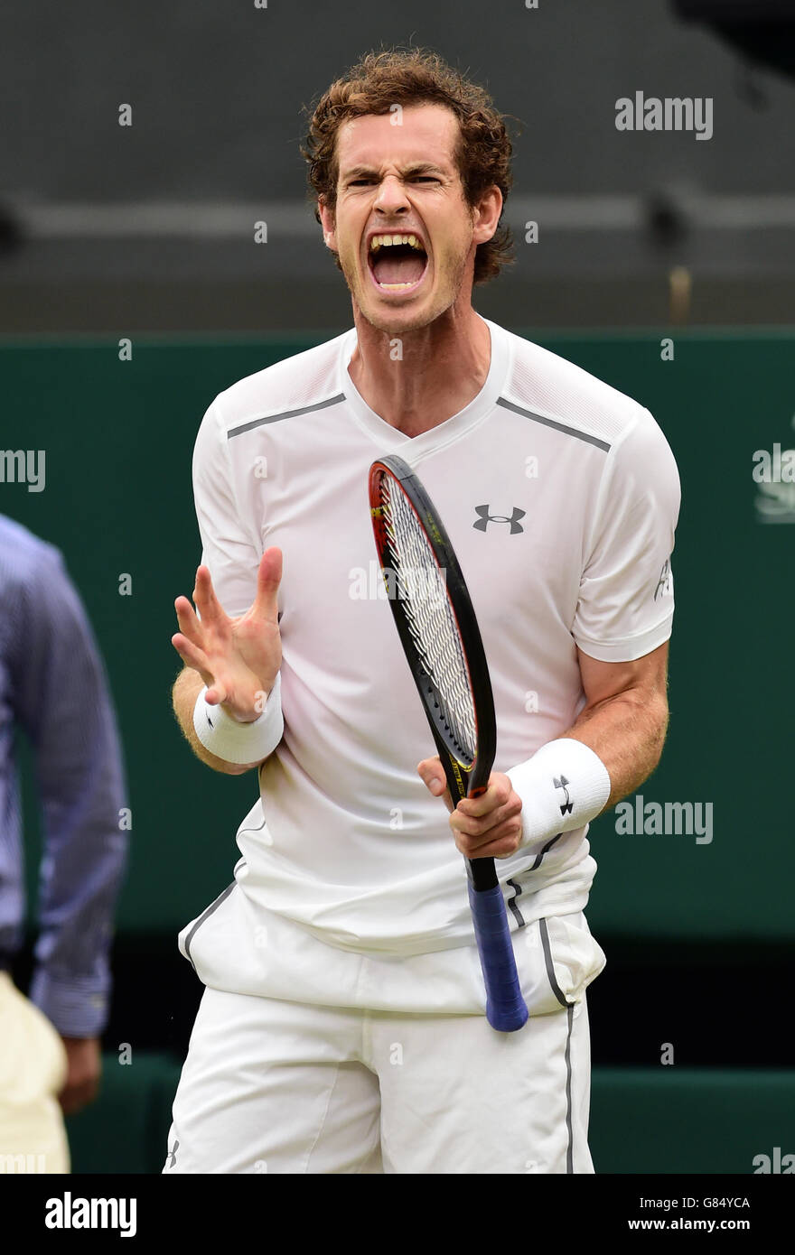 Andy Murray shows his frustration during day Nine of the Wimbledon Championships at the All England Lawn Tennis and Croquet Club, Wimbledon. Stock Photo
