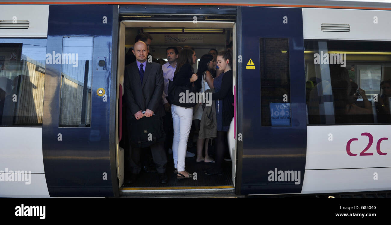 Commuters on a crowded c2c train at Upminster station, London, as