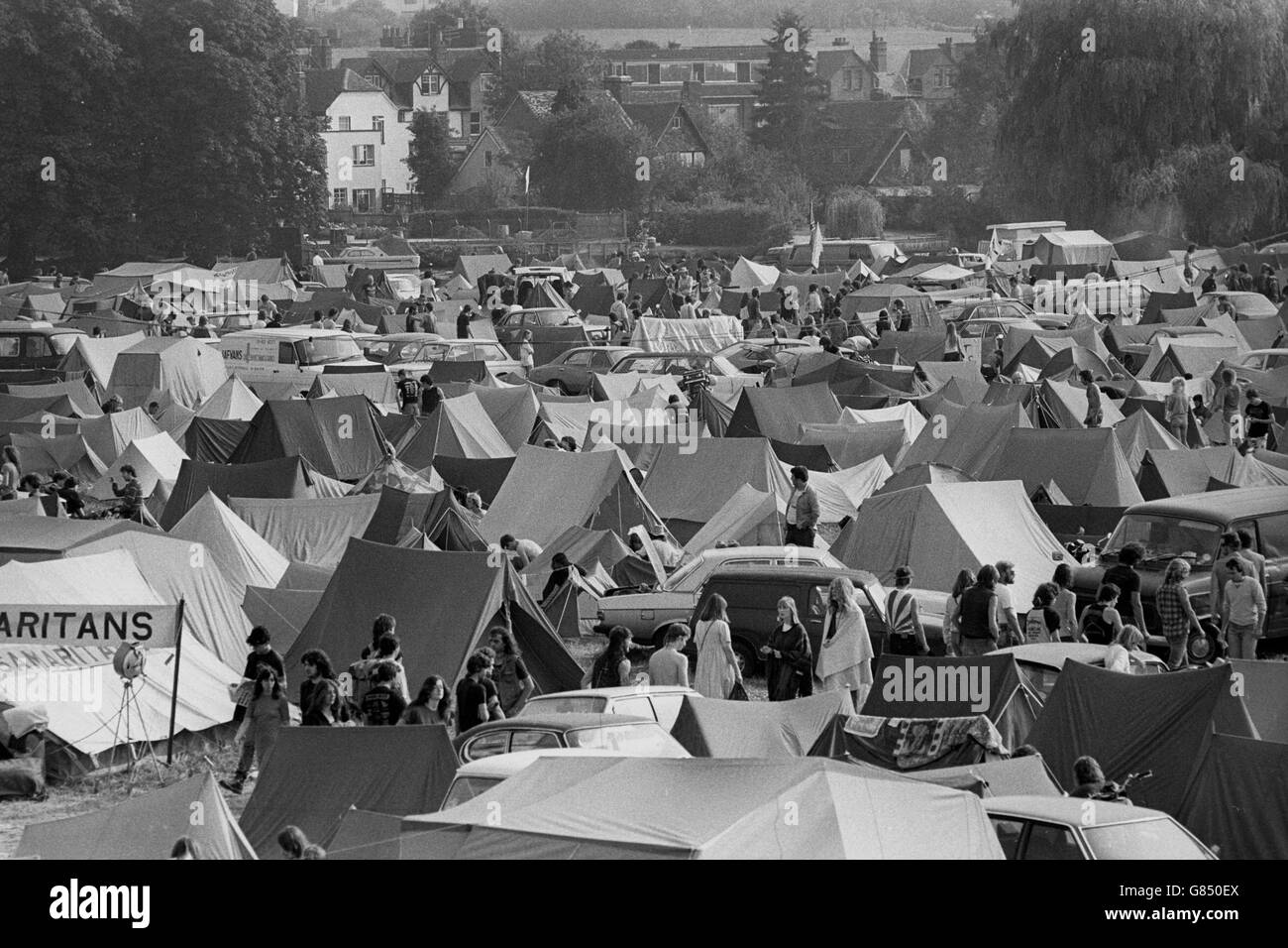 The tented village where Rock fans woke up to a sunny morning ready for the Reading Rock Festival. Stock Photo