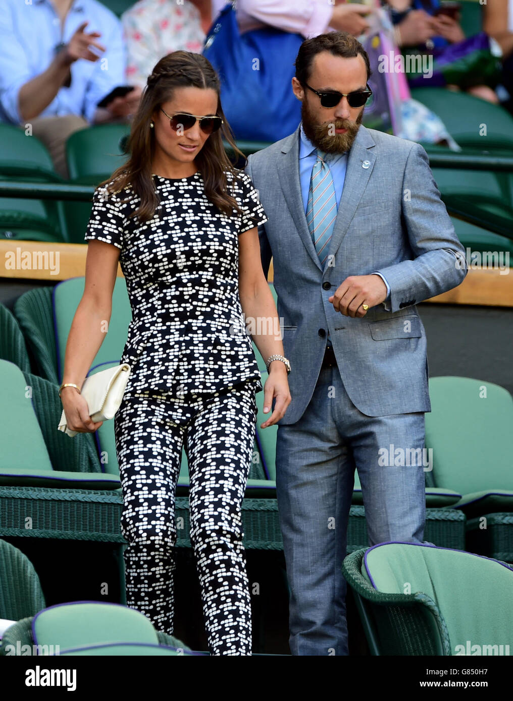 Pippa and James Middleton arrive in the Royal Box ahead of day Ten of the Wimbledon Championships at the All England Lawn Tennis and Croquet Club, Wimbledon. Stock Photo
