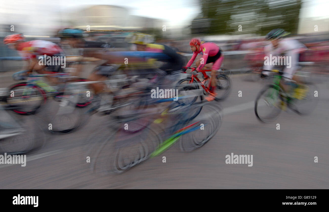 Cyclists compete in the Red Hook Criterium men's race at Greenwich Peninsula in London. Stock Photo