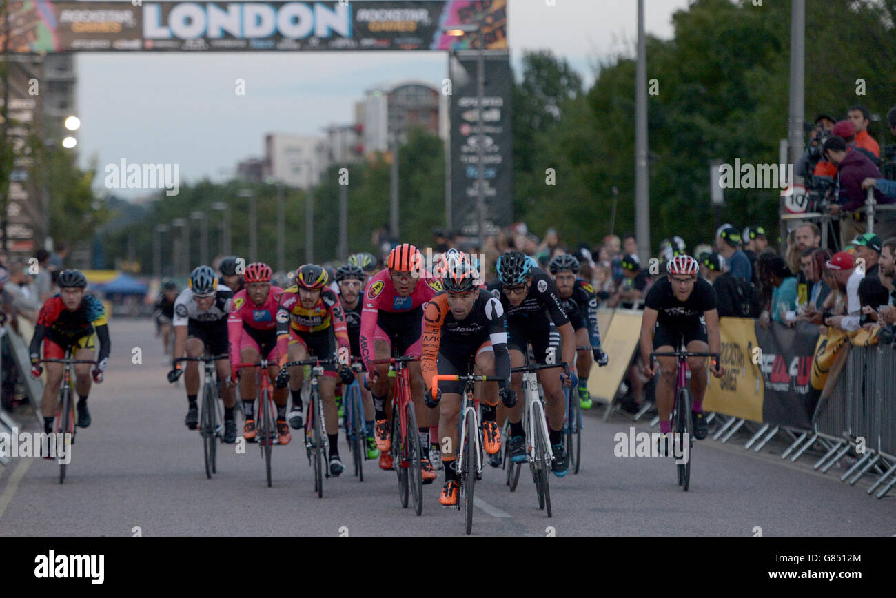 Cyclists compete in the Red Hook Criterium men's race at Greenwich Peninsula in London. Stock Photo