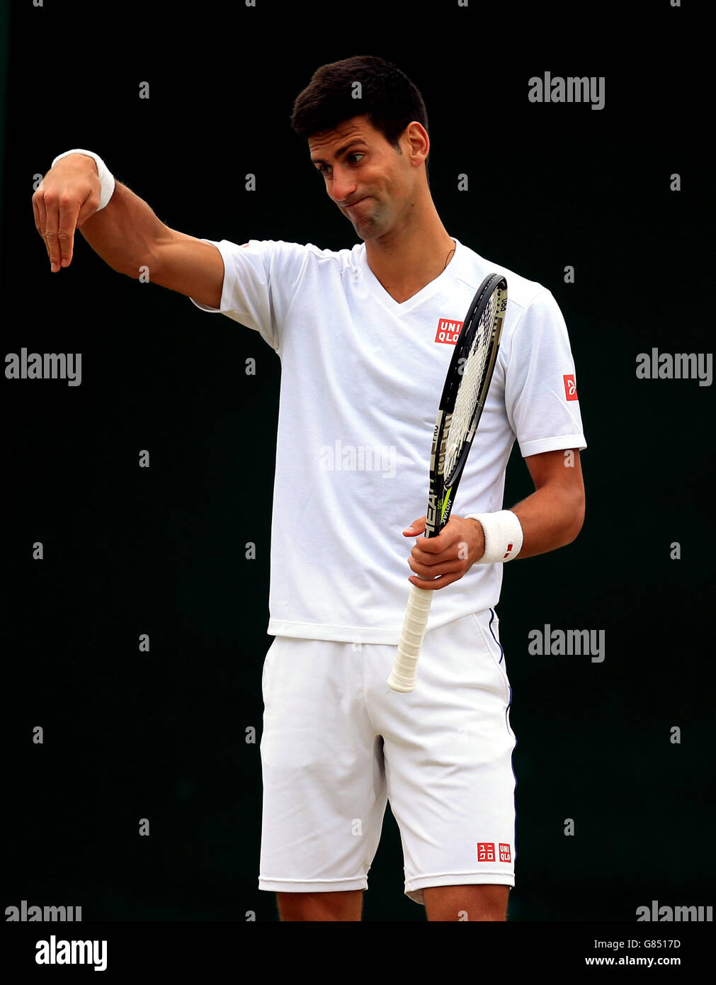Novak Djokovic during a practice session ahead of the Men's Single's Final on day Thirteen of the Wimbledon Championships at the All England Lawn Tennis and Croquet Club, Wimbledon. Stock Photo