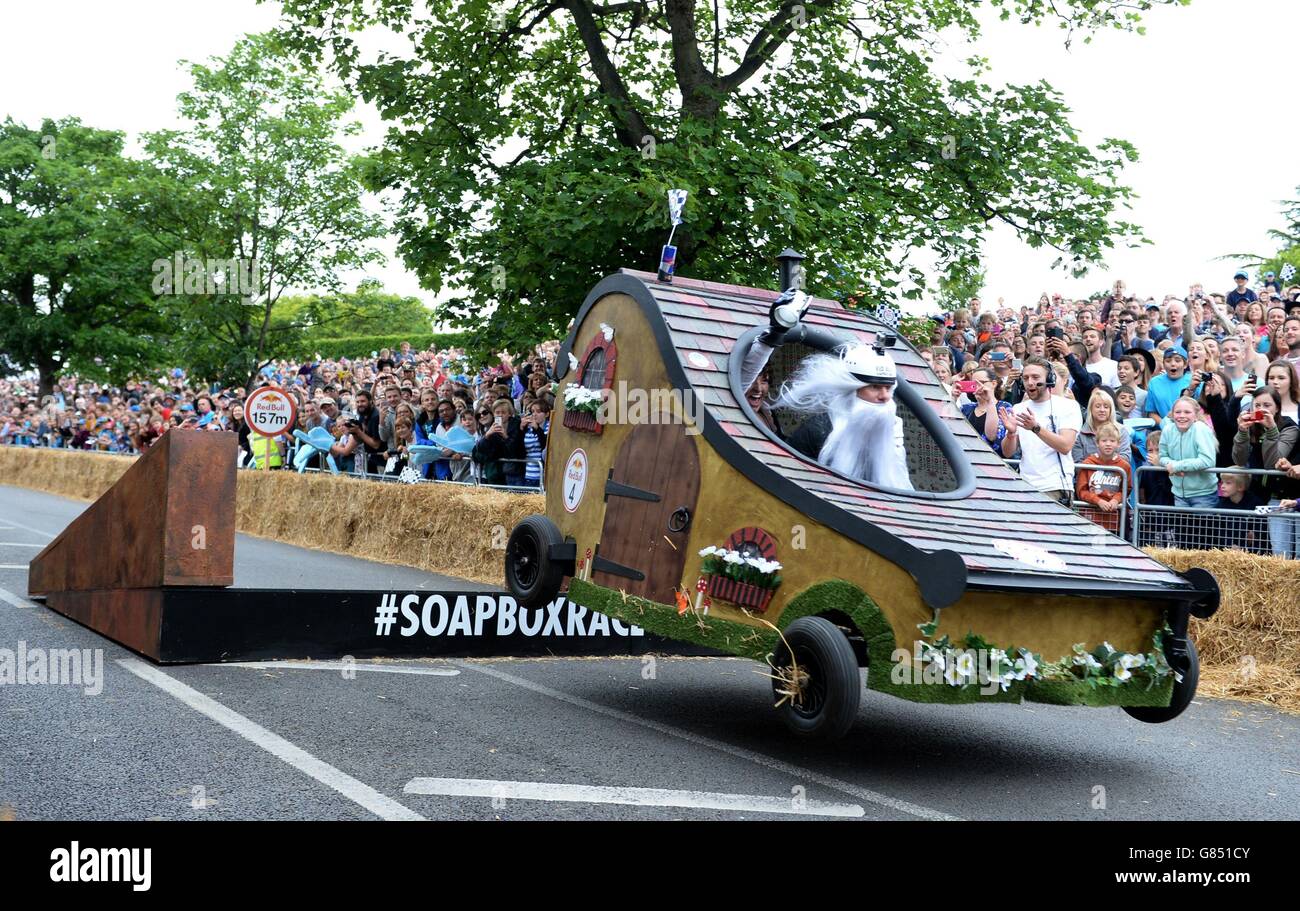 EDITORIAL USE ONLY Team 'Hobbits of The Shire' take part in the Red Bull Soapbox Race, at Alexandra Palace, London. Stock Photo