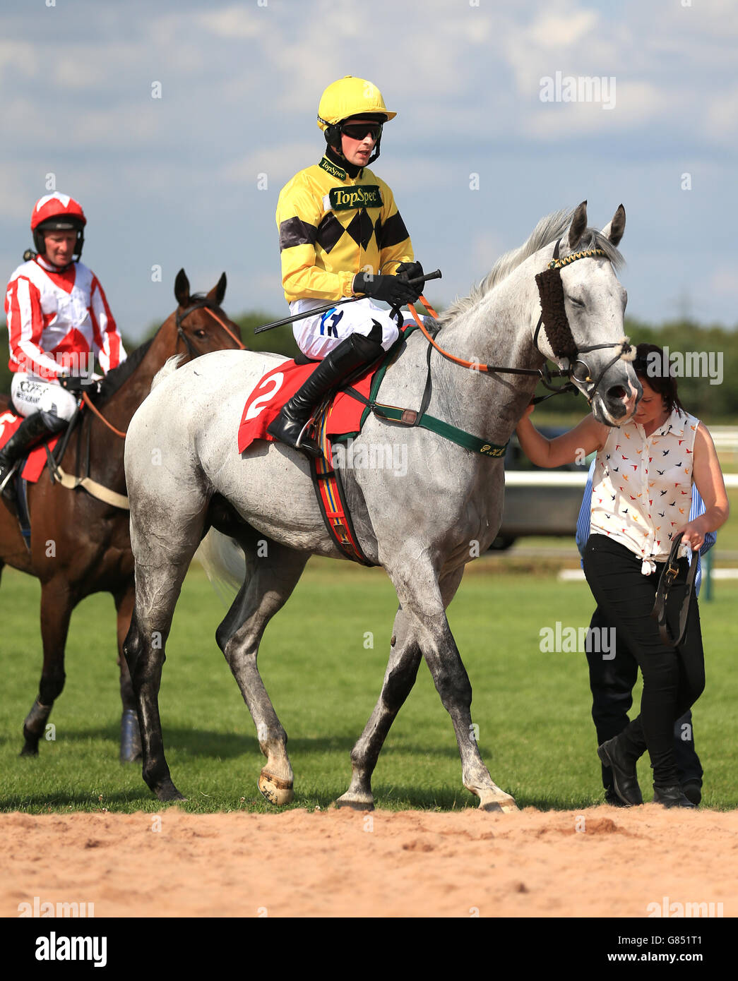Kings Grey ridden by Brian Toomey led after two circuits but pulled up before the end of The betbonus.com Claim Your Free Bets Now Novices Selling Hurdle Race at Southwell Racecourse, Nottinghamshire. Stock Photo