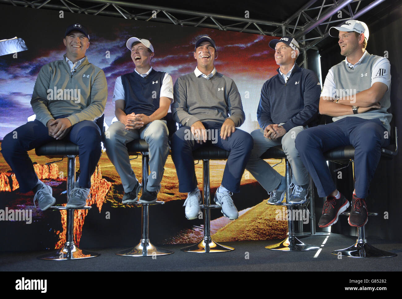 Under Armour golfers Jordan Spieth, Hunter Mahan, Gary Woodland , Bernd Weisberger and Matt Fitzpatrick during a press conference at the Fairmont Hotel, St Andrews, Fife. Stock Photo