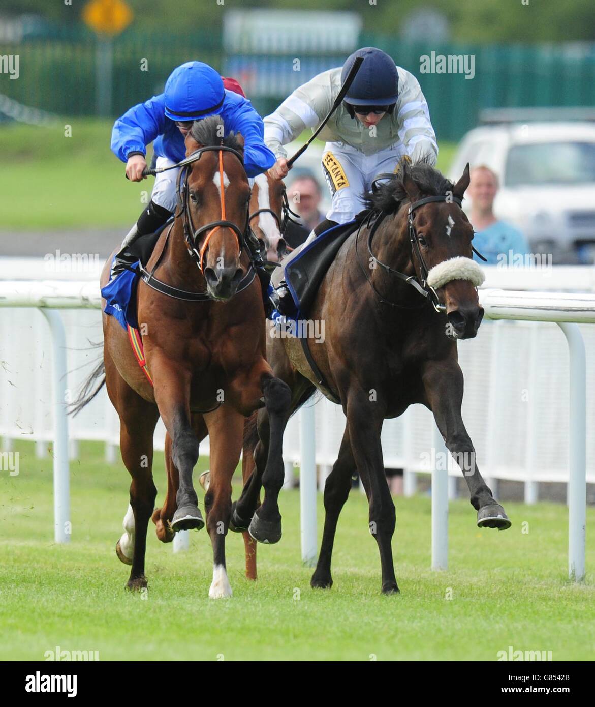 Final Frontier ridden by Shane Foley (left) before winning the Jebel Ali Racecourse & Stables Anglesey Stakes ahead of Miss Katie Mae ridden by Colin Keane (right) during day one of the Darley Irish Oaks Weekend at The Curragh Racecourse, Kildare. Stock Photo