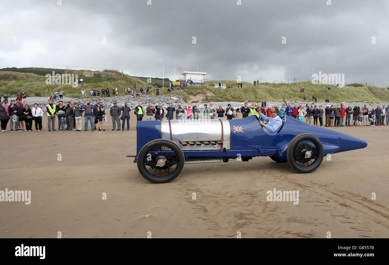 Sir Malcom Campbell's grandson Don Wales drives his grandfather's historic Sunbeam car nicknamed Bluebird on Pendine sands in Wales where the vehicle reached 150mph ago today. PRESS ASSOCIATION Photo. Picture date: Tuesday July 21, 2015. To mark the occasion, Don made a low-speed run in the vehicle. Photo credit should read: Steve Parsons/PA Wire Stock Photo