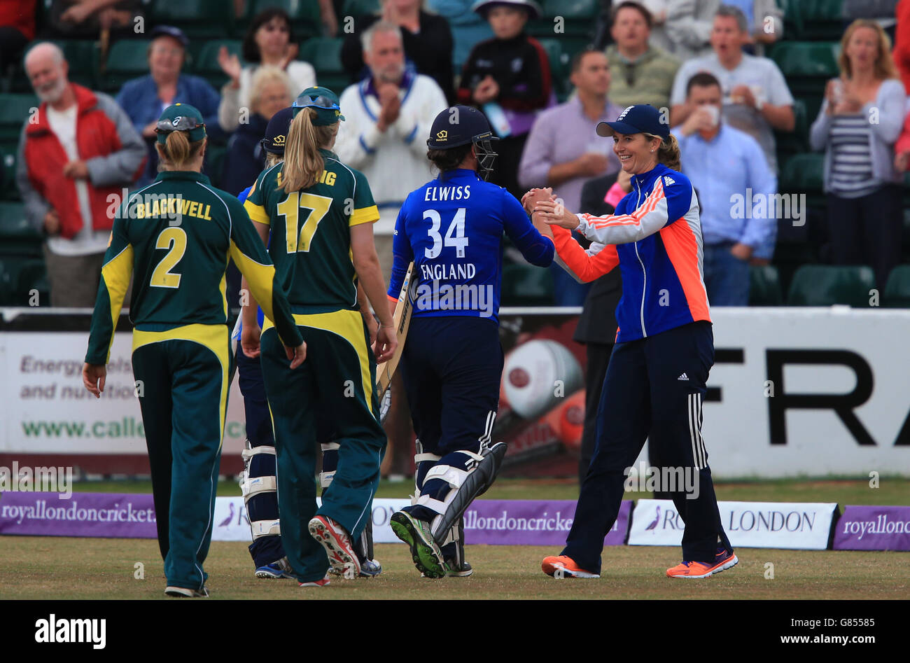England captain Charlotte Edwards celebrates with batter Georgia Elwiss (centre) after she scored the winning runs to beat Australia by 4 wickets , during the first One Day International of the women's Ashes at The County Ground, Taunton. Picture date: Tuesday July 21, 2015. See PA story CRICKET England Women. Photo credit should read: Nick Potts/PA Wire. RESTRICTIONS: No commercial use without prior written consent of the ECB. Still image use only no moving images to emulate broadcast. No removing or obscuring of sponsor logos. Call +44 (0)1158 447447 for further information Editorial Stock Photo