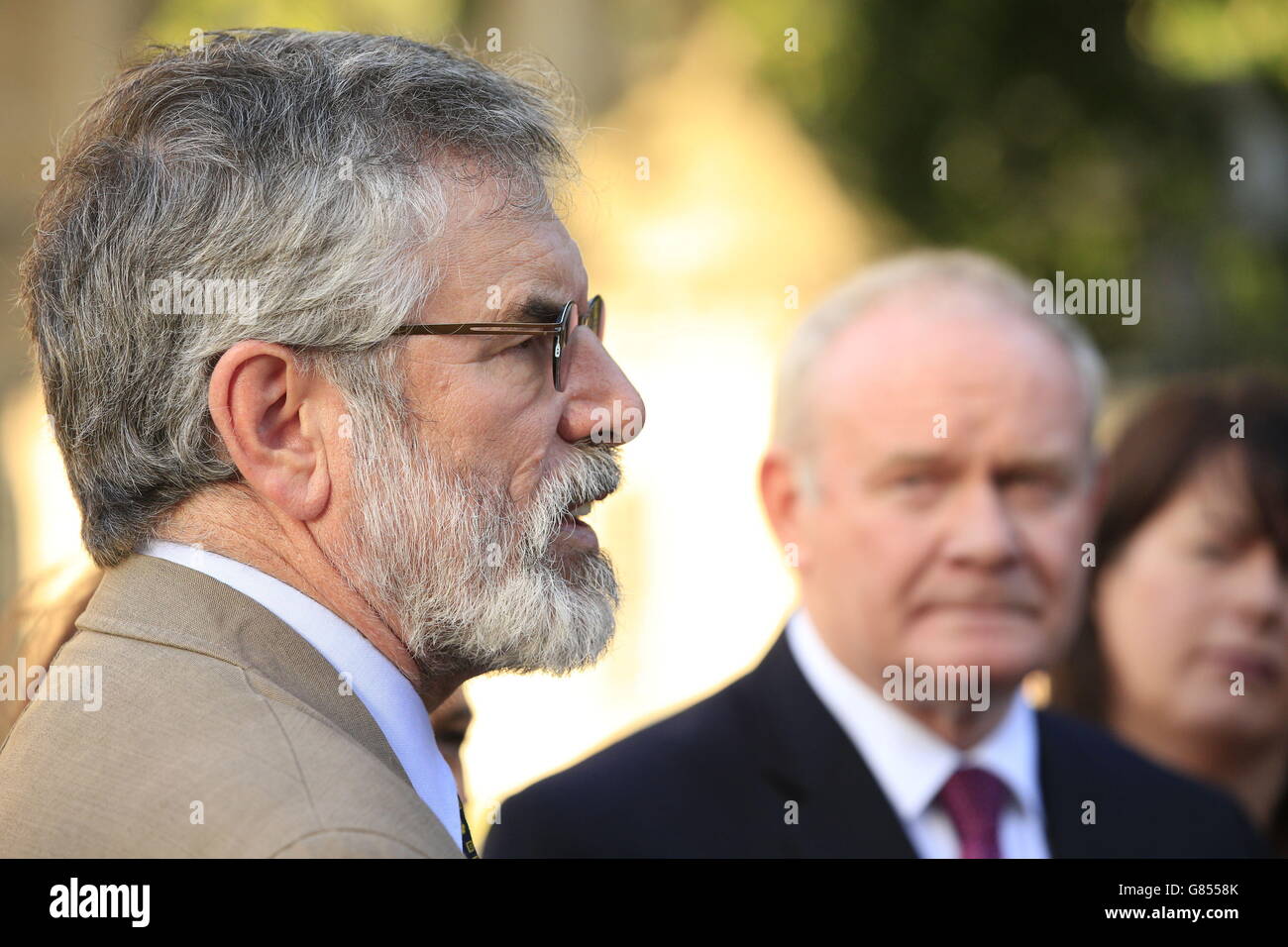 in's President Gerry Adams outside the Palace of Westminster, London, as the party's politicians visited. Stock Photo