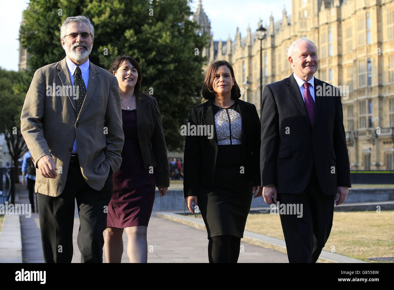 in's President Gerry Adams, Michelle Gildernew, Vice President Mary Lou McDonald and deputy First Minister of Northern Ireland Martin McGuinness outside the Palace of Westminster, London. Stock Photo