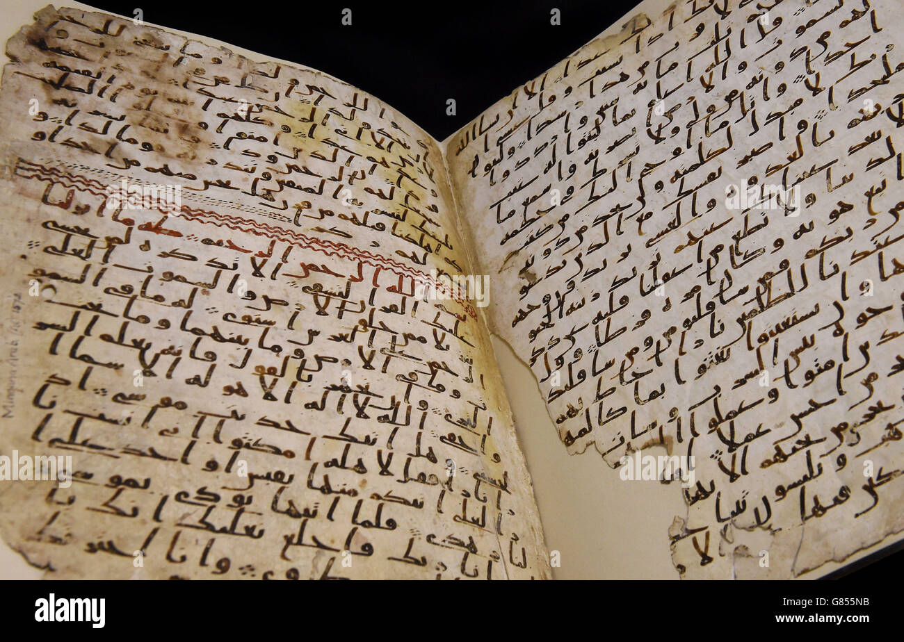 An Islamic manuscript which has been identified as one of the world's oldest fragments of the Koran on show at the University of Birmingham. Stock Photo