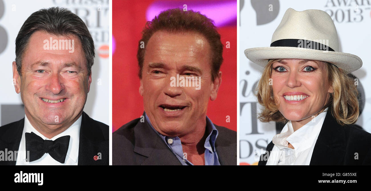 File photos of (from the left) Alan Titchmarsh, Arnold Schwarzenegger and Cerys Matthews. Stock Photo