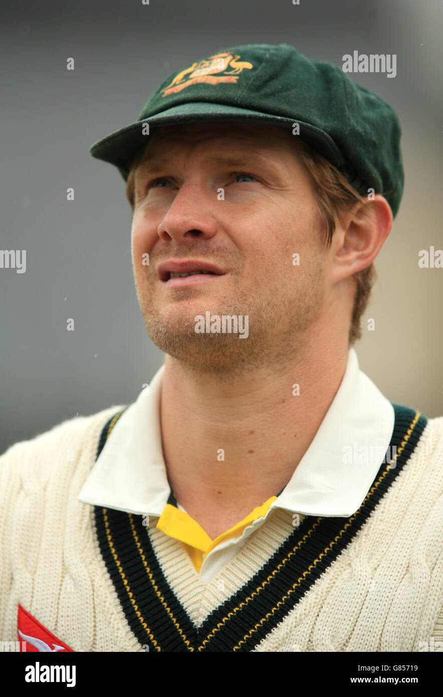 Australia's Shane Watson during day two of the tour match at the 3aaa County Ground, Derby. PRESS ASSOCIATION Photo. Picture date: Friday July 24, 2015. See PA story CRICKET Derbyshire. Photo credit should read: Mike Egerton/PA Wire. RESTRICTIONS: . No commercial use without prior written consent of the ECB. Still image use only - no moving images to emulate broadcast. No removing or obscuring of sponsor logos. Call +44 (0)1158 447447 for further information. Stock Photo