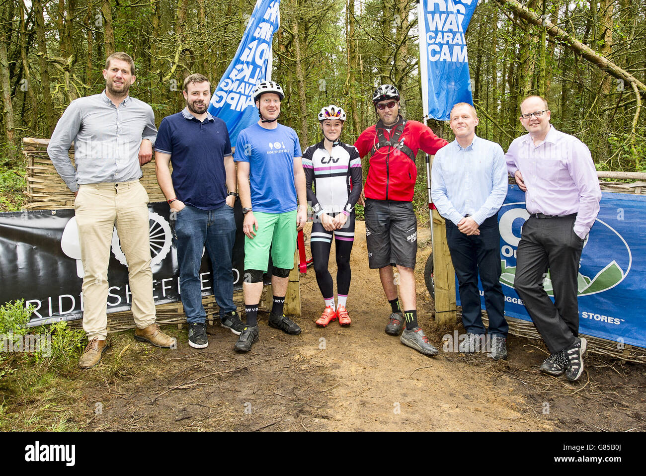 Jon Dallow, Mike Sanderson, Henry Norman, Annie Last, Steve Peat, Barry Dunn and Chris Heeley officially open the Lady Cannings Bike Trail. Stock Photo