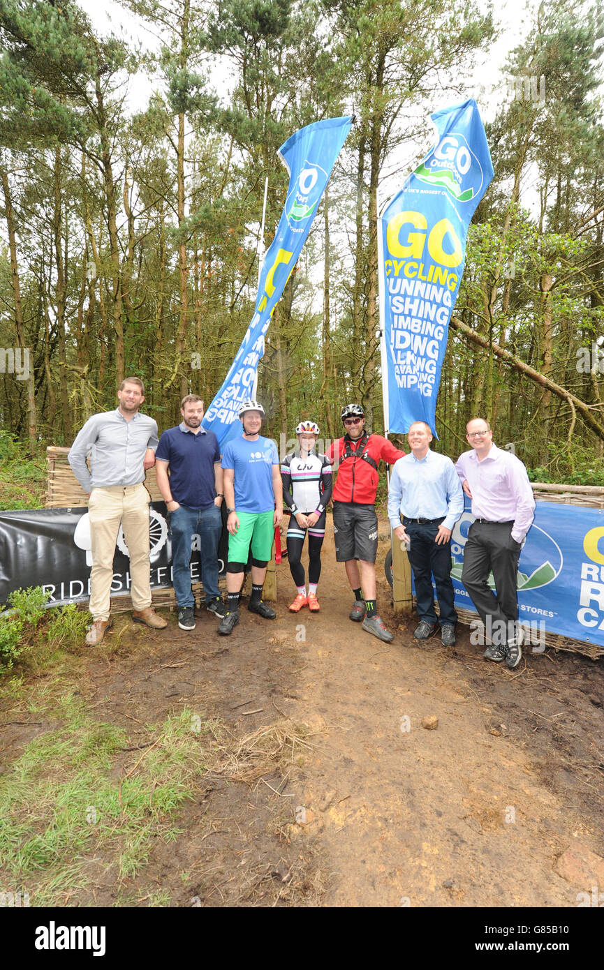 Jon Dallow, Mike Sanderson, Henry Norman, Annie Last, Steve Peat, Barry Dunn and Chris Heeley officially open the Lady Cannings Bike Trail. Stock Photo