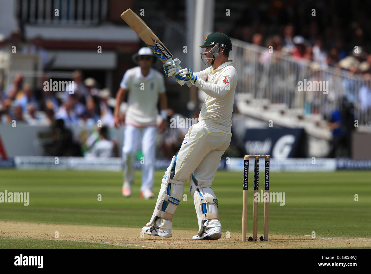 Australia's Michael Clarke is caught out by England's Gary Ballance off the bowling of Mark Wood during day two of the Second Investec Ashes Test at Lord's, London. Stock Photo