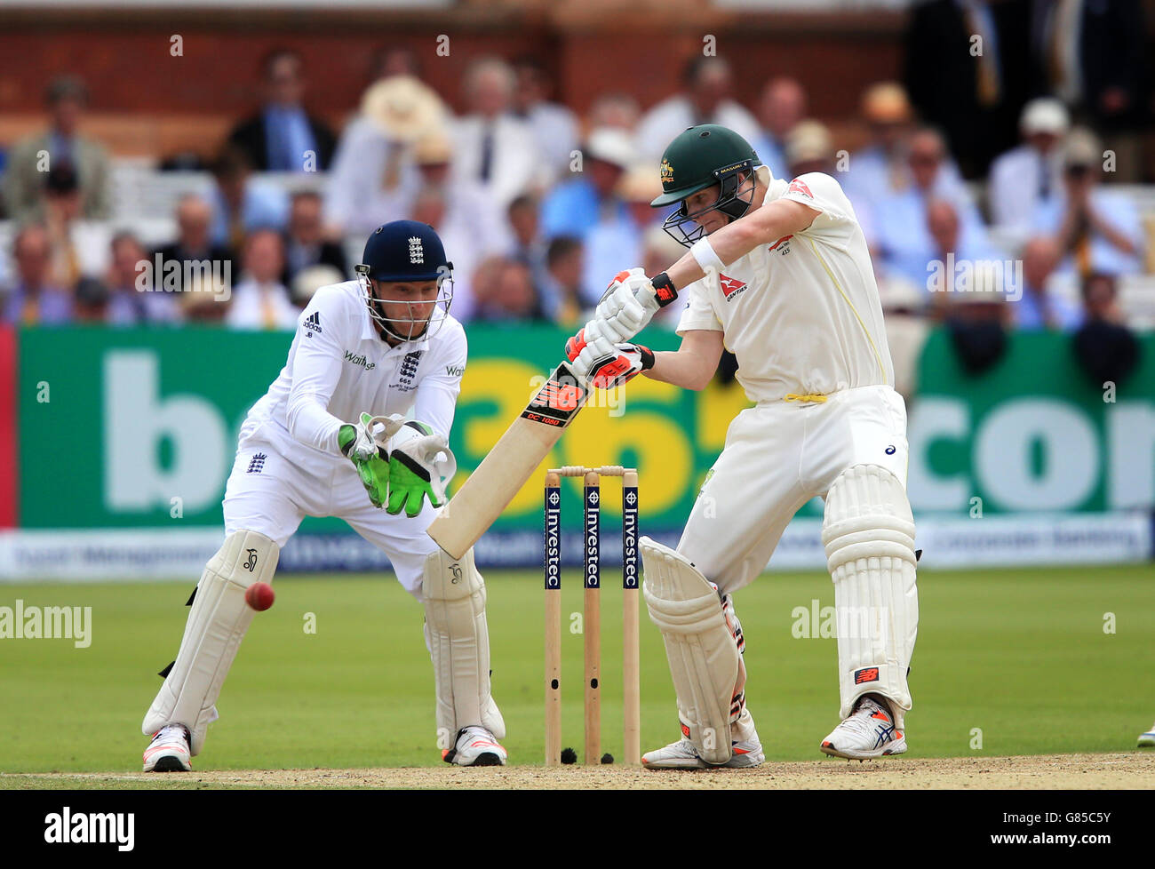 Australia's Steve Smith reaches 200 not out during day two of the Second Investec Ashes Test at Lord's, London. Stock Photo