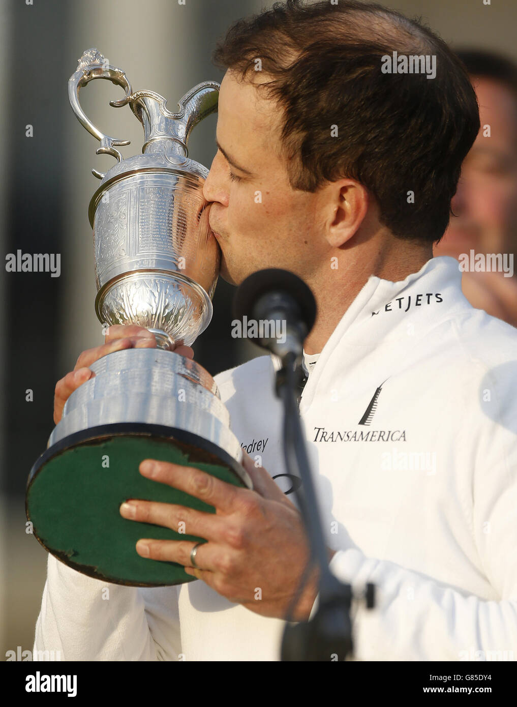 USA's Zach Johnson kisses the Claret Jug after winning The Open Championship 2015 at St Andrews, Fife. Stock Photo