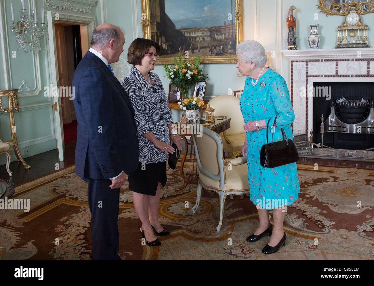Queen Elizabeth II receives Jocelyn RoyVienneau and her husband Ronald at Buckingham Palace in