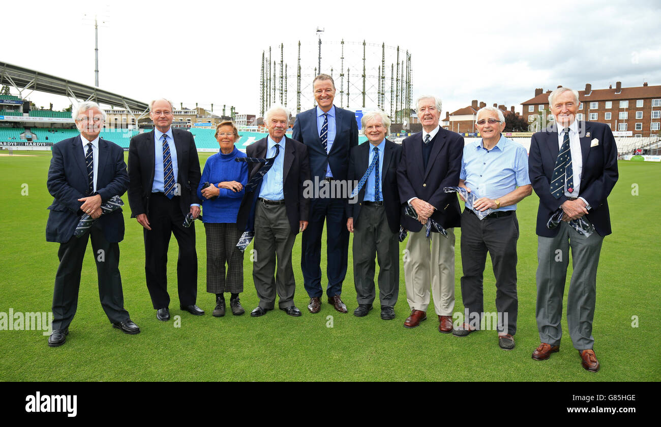 Members with over fifty years with Surrey County Cricket Club pose for a picture with Richard Thompson (5th right). Stock Photo