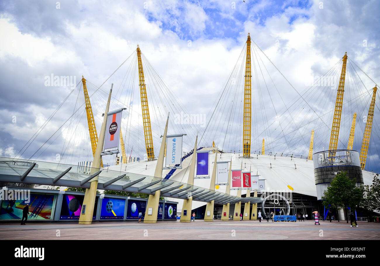 General view of The O2 arena, sometimes referred to as North Greenwich Arena or the Millennium Dome, is a large entertainment complex on the Greenwich Peninsula in London. The O2 Arena has the second-highest seating capacity of any indoor venue in the UK. Stock Photo